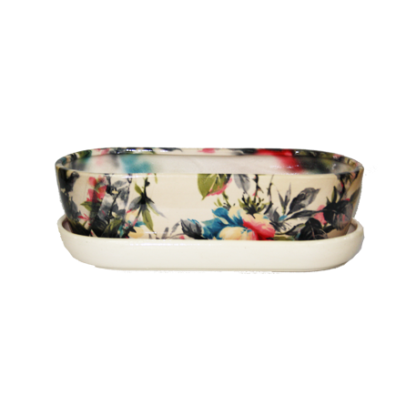 DP0427 T115B Кактусница керам. Овал L27.5см;h8см пионы на бежевом