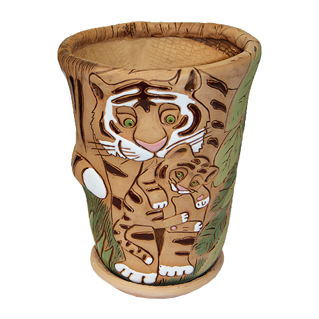 Тигрица с тигрёнком цветочный горшок с блюдцем h-21 см; d-17 см 2,5 л *